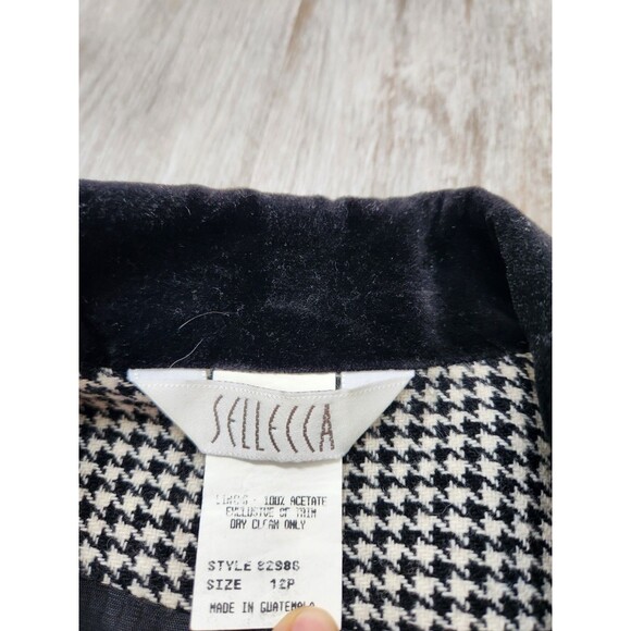 VTG Sellecca Houndstooth Blazer Jacket  Tweed Velvet Black White 3/4 Sleeve 12P - Picture 3 of 7
